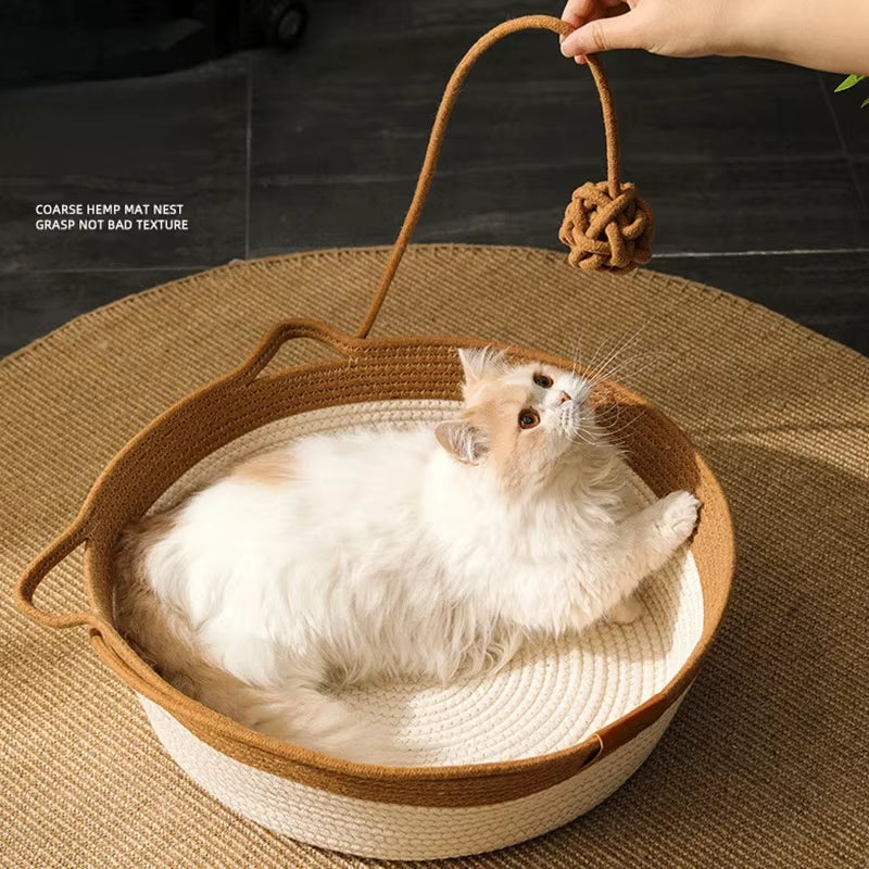 Cat Bed Handmade Rattan Woven Pet Nest Removable Washable Warm Pad All-Season Cat Scratch Board Winter Warm Cat House for Cats