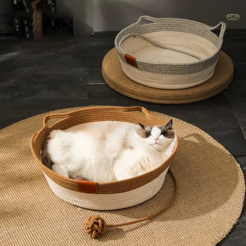PawHaven – Cozy Rattan Cat House with Washable Pad